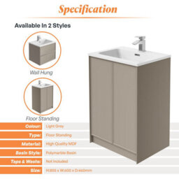 Plum&clay Jenner Light Grey Freestanding Vanity Unit & Basin Set (W)600mm (H)855mm - thumbnail 4
