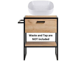 Impact Furniture Freestanding Bathroom Vanity Sink Unit 600mm Drawer Cabinet Black Steel Frame Countertop Oak Finish Loft Industrial Brook - thumbnail 5
