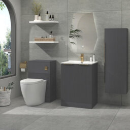 Royal Bathrooms Evora 600mm Graphite Grey Fluted Floor Standing Bathroom Vanity Unit 2 Door Cabinet With Ceramic Basin & Brushed Brass Handles - thumbnail 2