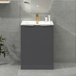 Royal Bathrooms Evora 600mm Graphite Grey Fluted Floor Standing Bathroom Vanity Unit 2 Door Cabinet With Ceramic Basin & Brushed Brass Handles