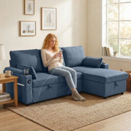 Homcom Corner Sofa Bed, L Shaped Sofa With Storage Chaise, Usb Ports, Blue - thumbnail 1