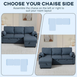Homcom Corner Sofa Bed, L Shaped Sofa With Storage Chaise, Usb Ports, Blue - thumbnail 5