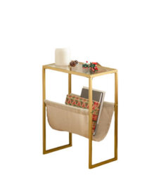 Modcraft Slim Gold Side Table , Narrow Glass Sofa End Table With Fabric Magazine Holder - thumbnail 4