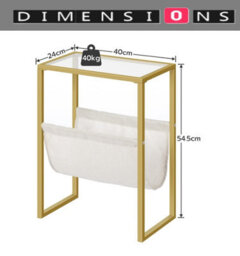 Modcraft Slim Gold Side Table , Narrow Glass Sofa End Table With Fabric Magazine Holder - thumbnail 5