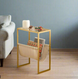 Modcraft Slim Gold Side Table , Narrow Glass Sofa End Table With Fabric Magazine Holder - thumbnail 3
