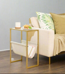 Modcraft Slim Gold Side Table , Narrow Glass Sofa End Table With Fabric Magazine Holder - thumbnail 1