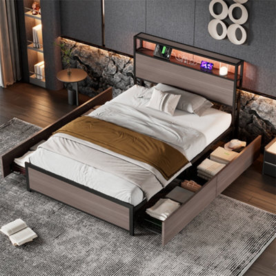 Abrihome Grey Metal Single Bed With 4 Drawers, Led Lights & Usb-C Charging, Sturdy Multi-Functional Single Bed - image 1