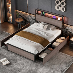 Abrihome Grey Metal Single Bed With 4 Drawers, Led Lights & Usb-C Charging, Sturdy Multi-Functional Single Bed - thumbnail 1