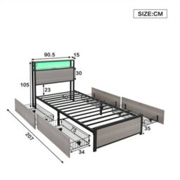 Abrihome Grey Metal Single Bed With 4 Drawers, Led Lights & Usb-C Charging, Sturdy Multi-Functional Single Bed - thumbnail 7