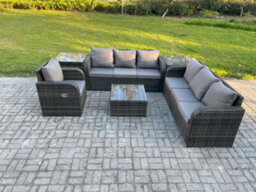 Fimous Outdoor Rattan Garden Furniture Set Conservatory Patio Sofa Coffee Table With Reclining Chair 2 Side Tables - thumbnail 2