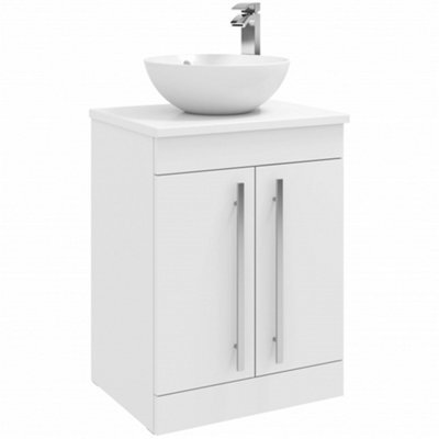 Clifton Bathroom 2-Door Floor Standing Vanity Unit With Sit-On Basin And Worktop 600mm Wide - White  - Brassware Not Included - image 1