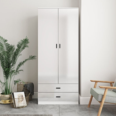 Urbn-Living Urbnliving Height 180Cm Glossy White Carcass & White Drawers Tall 2 Door Wardrobe Bedroom Storage Hanging Rail Modern Furniture - image 1