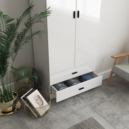 Urbn-Living Urbnliving Height 180Cm Glossy White Carcass & White Drawers Tall 2 Door Wardrobe Bedroom Storage Hanging Rail Modern Furniture - thumbnail 3