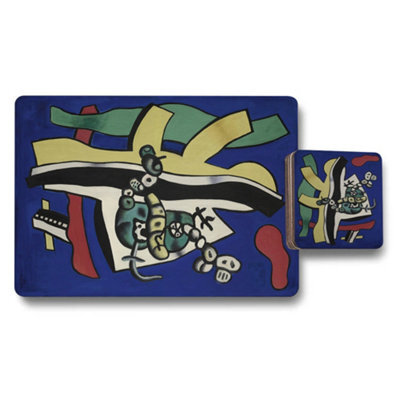 Benjamin Tate Design Abstract Artwork Placemats And Coasters Set With Wood Base In Blue Palette Limited Edition - image 1