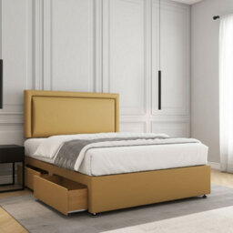 REGIONAL FURNISHINGS Divan Bed Set Mustard Plush Velvet Upholstered 24Inch Headboard & 2Drawers Sameside & No Mattress In 3Ft 4Ft 4Ft6 5Ft 6Ft Sizes - thumbnail 2