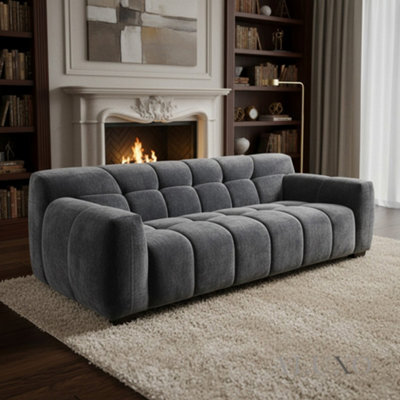 Aluxo Harlem 3 Seater Boucle Sofa Grey Steel Velvet Deep Stitch 5 Year Warranty - image 1