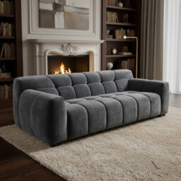 Aluxo Harlem 3 Seater Boucle Sofa Grey Steel Velvet Deep Stitch 5 Year Warranty