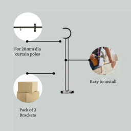 2X Long Curtain Pole Wall Brackets  Polished Nickel Silver Finish 28mm Diameter 21.8Cm Length - thumbnail 2