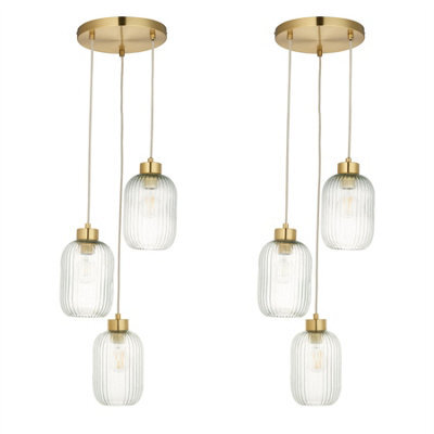 First Choice Lighting Set Of 2 Lena - Ribbed Glass & Brushed Gold 3 Light Pendants