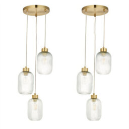 First Choice Lighting Set Of 2 Lena - Ribbed Glass & Brushed Gold 3 Light Pendants - thumbnail 1