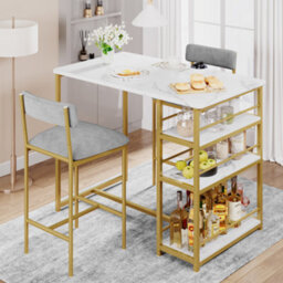 London Boutique 3 Pcs Bar Table And Chairs Set With 3 Storage Shelves & 2 Stools - White/gold - thumbnail 1