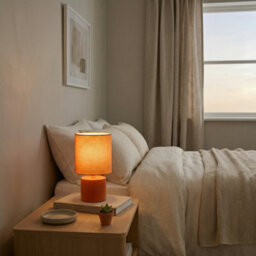 Happy Homewares Modern Vibrant Dusty Orange Table Lamp With Cotton Fabric Drum Shade - thumbnail 6