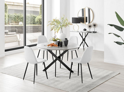 Furniturebox Uk Novara Grey Concrete Effect Black Leg 120Cm Round Dining Table & 4 White Corona Black Leg Chairs - image 1