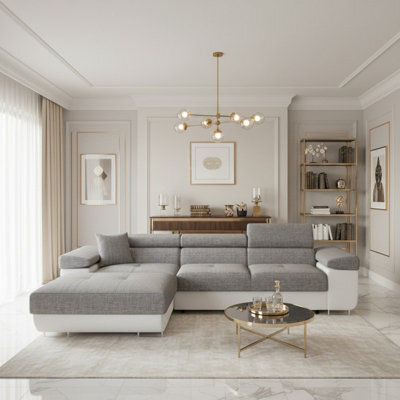 Torezio Mini Corner Sofa Bed Has Adjustable Headrests And Storage Box Freestanding Upholstered Back 280X170Cm White And Grey Left - image 1