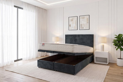 "Knight Sleep York Ottoman Bed Charcoal Plush 5Ft With Mattress & 24""headboard - King Size" - image 1