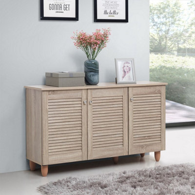 Timber Art Design Modern Shoe Storage Cabinet 3 Doors Footwear Stand Rack Unit Cupboard Sonoma Oak - image 1