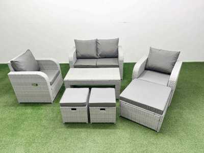 Fimous Light Grey Pe Wicker Rattan Garden Furniture Set Sofa Set Reclining Adjustable Chair Oblong Coffee Table 7 Seater 3 Stools - image 1