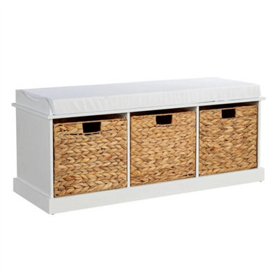 Hallway Storage Bench 3 Woven Drawers Padded Cushioned Top White Wooden Frame - image 1