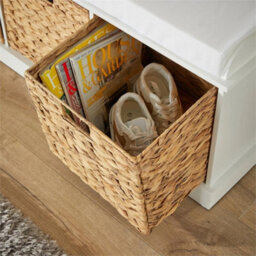 Hallway Storage Bench 3 Woven Drawers Padded Cushioned Top White Wooden Frame - thumbnail 5