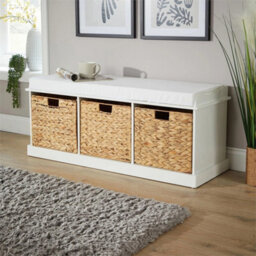 Hallway Storage Bench 3 Woven Drawers Padded Cushioned Top White Wooden Frame - thumbnail 6