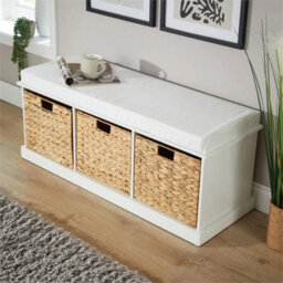 Hallway Storage Bench 3 Woven Drawers Padded Cushioned Top White Wooden Frame - thumbnail 2