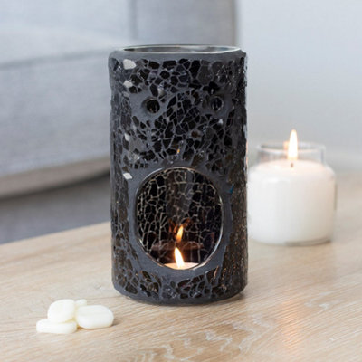 Black Glass Pillar Shaped Oil, Wax Melt Burner. Mirrored Crackle Effect. H14.5 Cm - image 1
