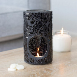 Black Glass Pillar Shaped Oil, Wax Melt Burner. Mirrored Crackle Effect. H14.5 Cm