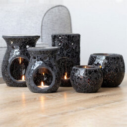 Black Glass Pillar Shaped Oil, Wax Melt Burner. Mirrored Crackle Effect. H14.5 Cm - thumbnail 5