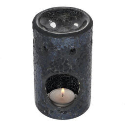 Black Glass Pillar Shaped Oil, Wax Melt Burner. Mirrored Crackle Effect. H14.5 Cm - thumbnail 4