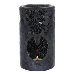 Black Glass Pillar Shaped Oil, Wax Melt Burner. Mirrored Crackle Effect. H14.5 Cm - thumbnail 2