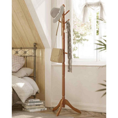 Freestanding Wooden Coat Tree With 10 Hooks, Hallway Coat Stand For Hats, Bags And Jackets, Caramel Brown - image 1