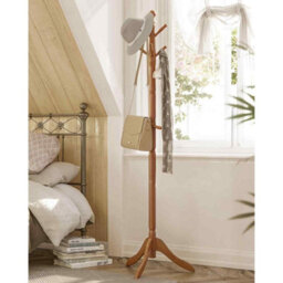 Freestanding Wooden Coat Tree With 10 Hooks, Hallway Coat Stand For Hats, Bags And Jackets, Caramel Brown