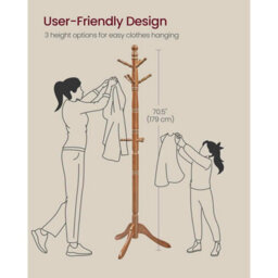 Freestanding Wooden Coat Tree With 10 Hooks, Hallway Coat Stand For Hats, Bags And Jackets, Caramel Brown - thumbnail 2