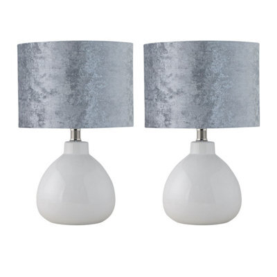 First Choice Lighting Set Of 2 Tuscan White Ceramic Lamps With Grey Crushed Velvet Shade - image 1