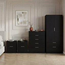 Lassic Vida Designs Trega 4 Piece Bedroom Set (2 Drawer Bedside Chest X2, 5 Drawer Chest, 2 Door 2 Drawer Wardrobe) Black - thumbnail 1