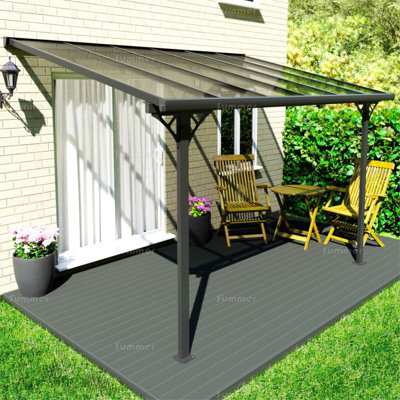 Aluminium Wall Mounted Pergola, Adjustable Pitch & Post Positions, Polycarbonate Roof Lean-To Gazebo - 10Ft X 10Ft (3.0X3.1M) - image 1