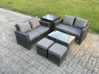 Fimous Wicker Rattan Garden Furniture Sofa Set With Rectangular Coffee Table Double Seat Sofa 2 Small Footstool Side Table - image 1