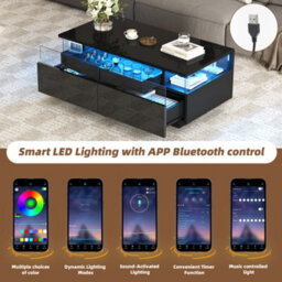 Btm Coffee Table, 2 Drawers And Tray, High Gloss Black, Led Light, Tempered Glass, Living Room Sofa Table, 90X45X35.5Cm - thumbnail 5