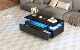 Btm Coffee Table, 2 Drawers And Tray, High Gloss Black, Led Light, Tempered Glass, Living Room Sofa Table, 90X45X35.5Cm - thumbnail 9