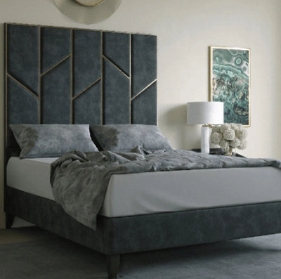 Stratus Interiors Julius Gold And Silver Abstract Accent Strip Bed Frame Optional Gas Lift Storage - Mink Plush - Slatted Base - Single - image 1